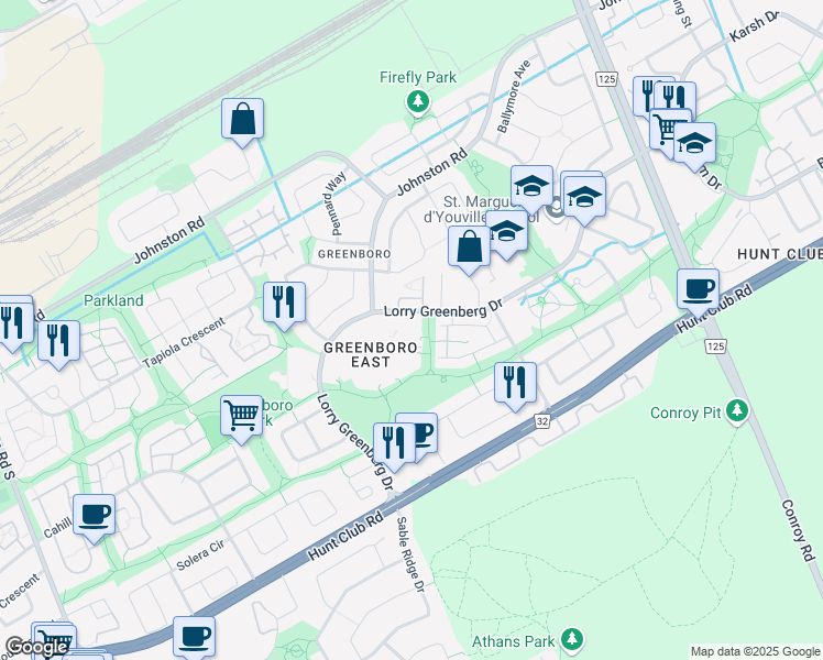 map of restaurants, bars, coffee shops, grocery stores, and more near 266 Lorry Greenberg Drive in Ottawa