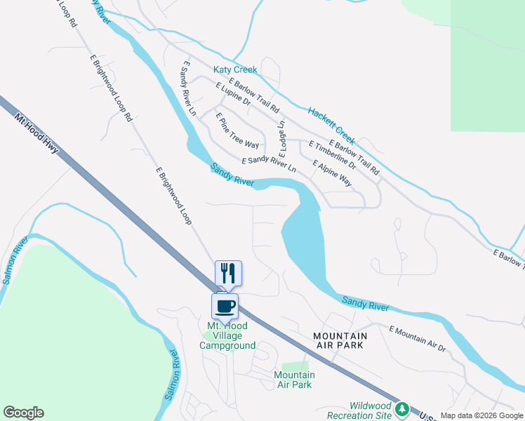 map of restaurants, bars, coffee shops, grocery stores, and more near 65066 East Riverside Drive in Mount Hood Village