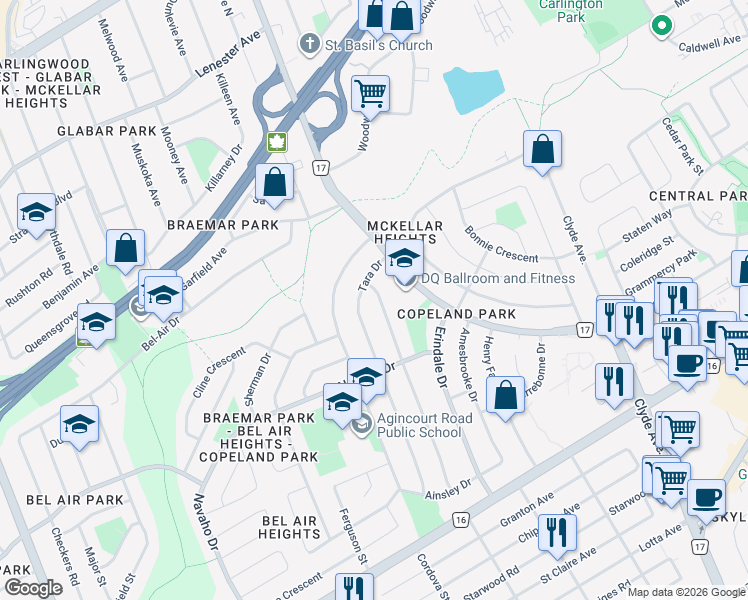 map of restaurants, bars, coffee shops, grocery stores, and more near 1162 Woodside Drive in Ottawa