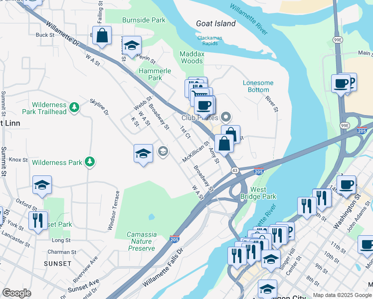 map of restaurants, bars, coffee shops, grocery stores, and more near 5525 Broadway Street in West Linn