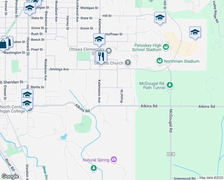 map of restaurants, bars, coffee shops, grocery stores, and more near 1114 Hazelton Avenue in Petoskey