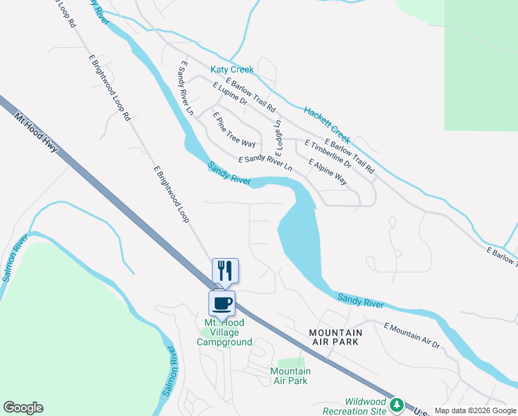 map of restaurants, bars, coffee shops, grocery stores, and more near 65066 East Riverside Drive in Mount Hood Village