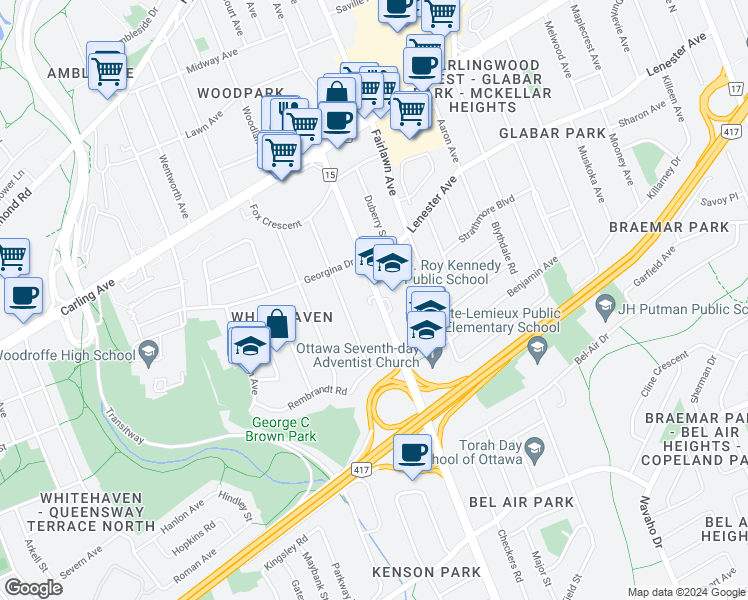 map of restaurants, bars, coffee shops, grocery stores, and more near 938 Woodroffe Avenue in Ottawa