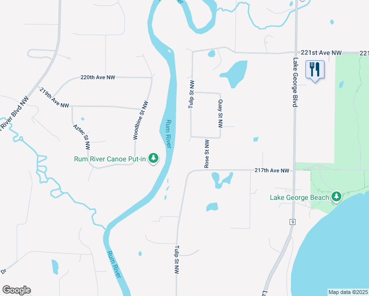 map of restaurants, bars, coffee shops, grocery stores, and more near 21760 Tulip Street Northwest in Oak Grove