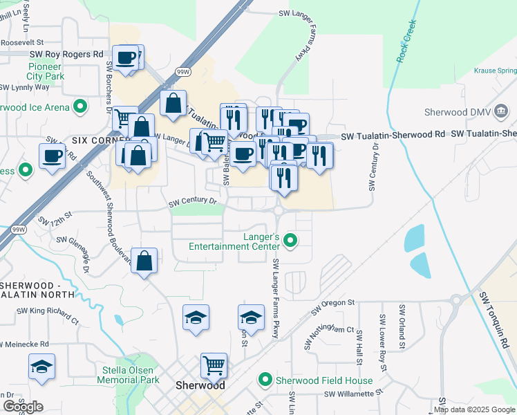 map of restaurants, bars, coffee shops, grocery stores, and more near 21458 Southwest Ferguson Terrace in Sherwood