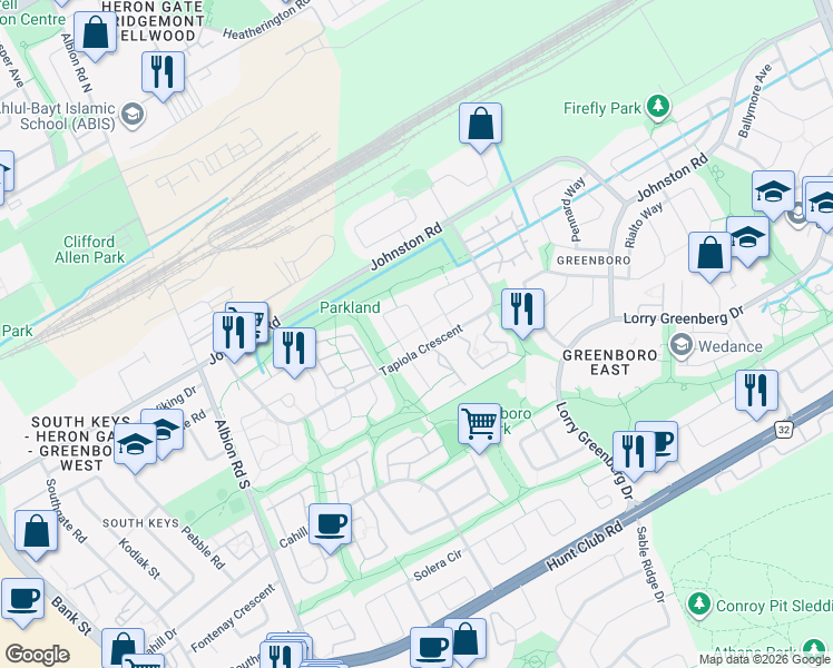 map of restaurants, bars, coffee shops, grocery stores, and more near 56 Rastila Crescent in Ottawa