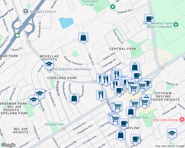 map of restaurants, bars, coffee shops, grocery stores, and more near in Ottawa