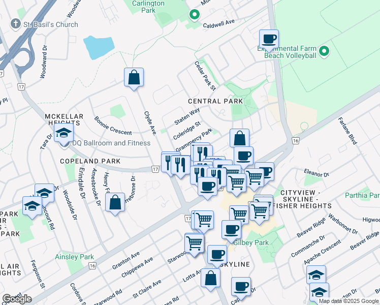 map of restaurants, bars, coffee shops, grocery stores, and more near 128 Scout Street in Ottawa