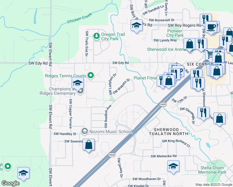 map of restaurants, bars, coffee shops, grocery stores, and more near 17676 Southwest Wapato Street in Sherwood