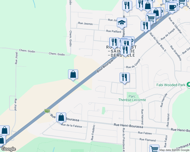 map of restaurants, bars, coffee shops, grocery stores, and more near 5426 Boulevard Bourque in Sherbrooke