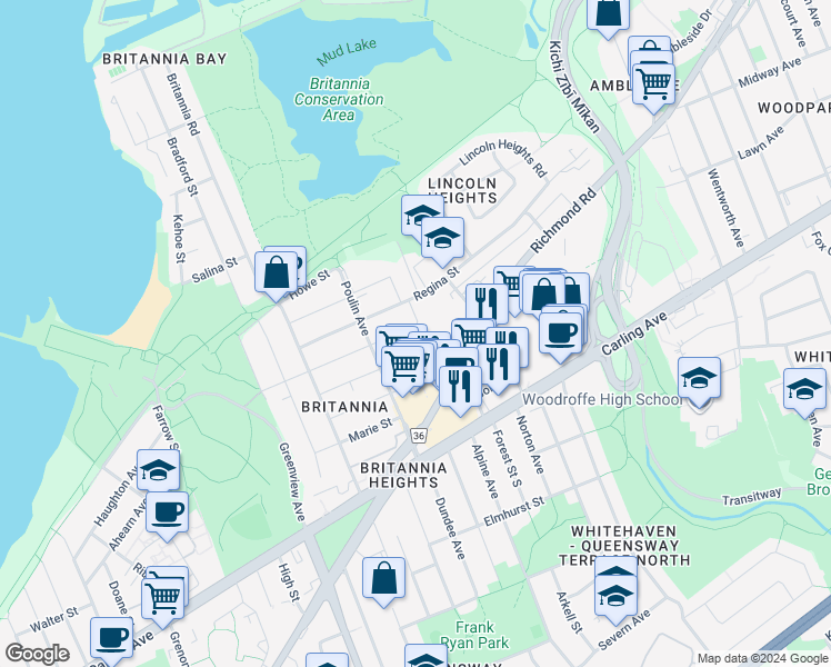 map of restaurants, bars, coffee shops, grocery stores, and more near 2627 Conn Street in Ottawa