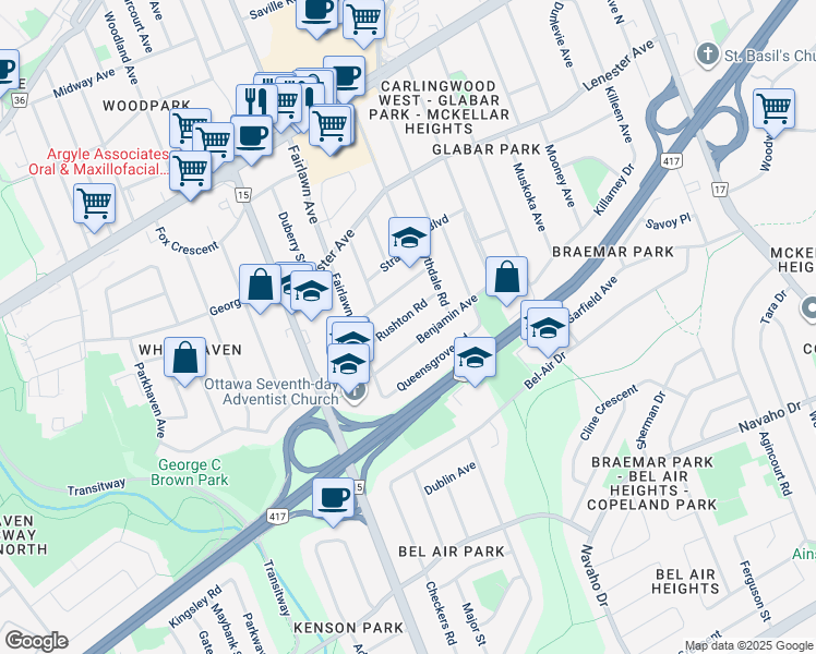 map of restaurants, bars, coffee shops, grocery stores, and more near 2162 Rushton Road in Ottawa
