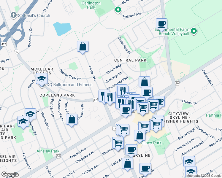 map of restaurants, bars, coffee shops, grocery stores, and more near 70 Grammercy Park in Ottawa