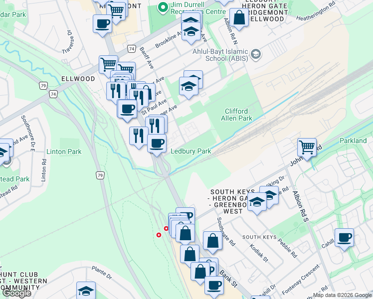 map of restaurants, bars, coffee shops, grocery stores, and more near 1250 Ledbury Avenue in Ottawa