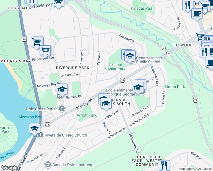 map of restaurants, bars, coffee shops, grocery stores, and more near 837 Ottawa Regional Road 74 in Ottawa