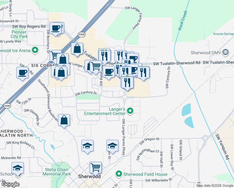 map of restaurants, bars, coffee shops, grocery stores, and more near 21467 Southwest Fallow Terrace in Sherwood