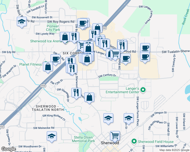 map of restaurants, bars, coffee shops, grocery stores, and more near 21519 Southwest Wallace Place in Sherwood