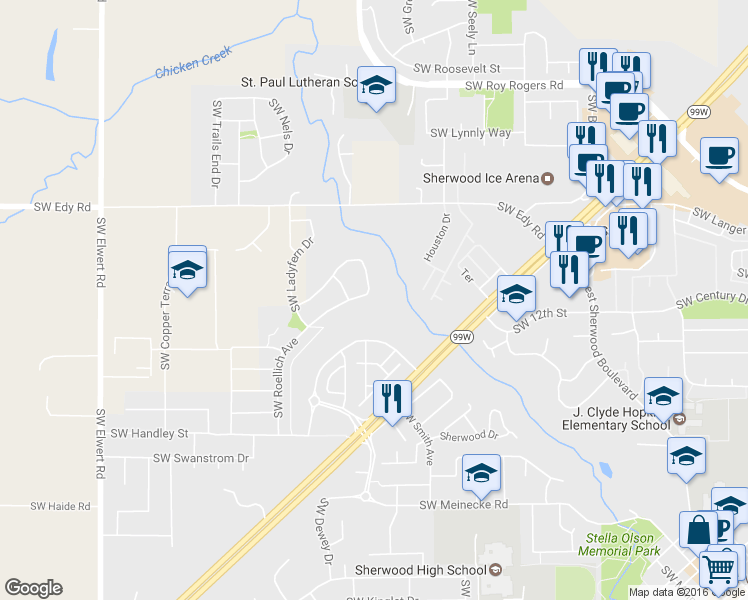 map of restaurants, bars, coffee shops, grocery stores, and more near 21372 Southwest Roellich Avenue in Sherwood