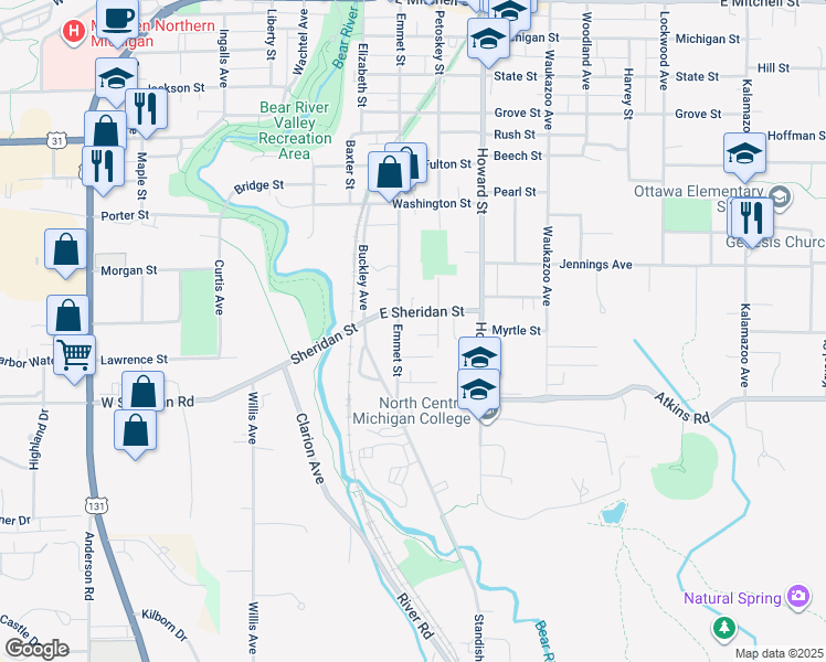 map of restaurants, bars, coffee shops, grocery stores, and more near 1219 Emmet Street in Petoskey