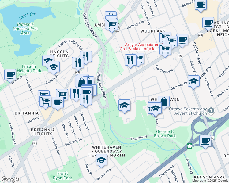 map of restaurants, bars, coffee shops, grocery stores, and more near 2448 Carling Avenue in Ottawa