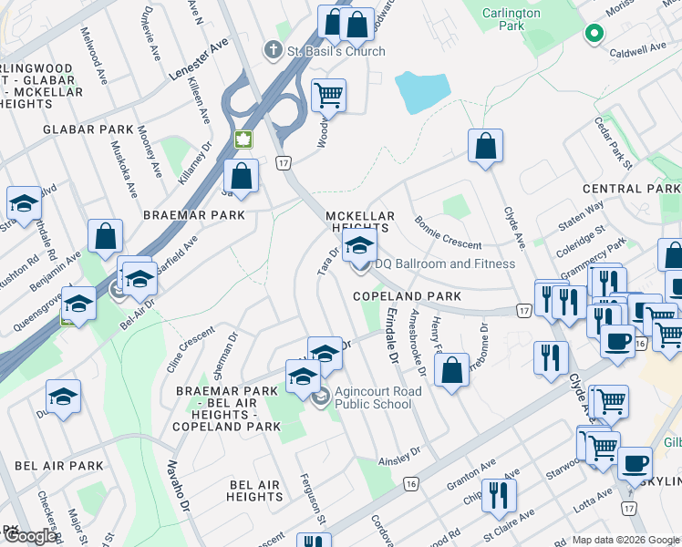 map of restaurants, bars, coffee shops, grocery stores, and more near 1155 Woodside Drive in Ottawa