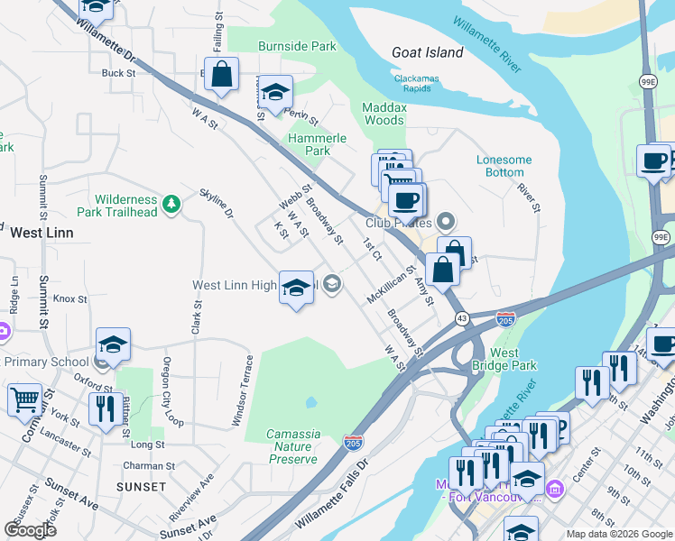 map of restaurants, bars, coffee shops, grocery stores, and more near 5611 West A Street in West Linn