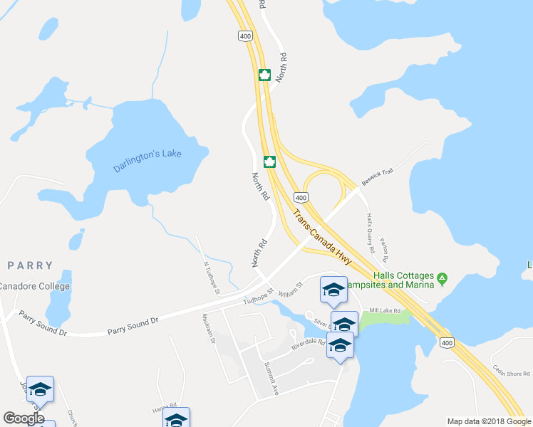 map of restaurants, bars, coffee shops, grocery stores, and more near 150 William Street in Parry Sound