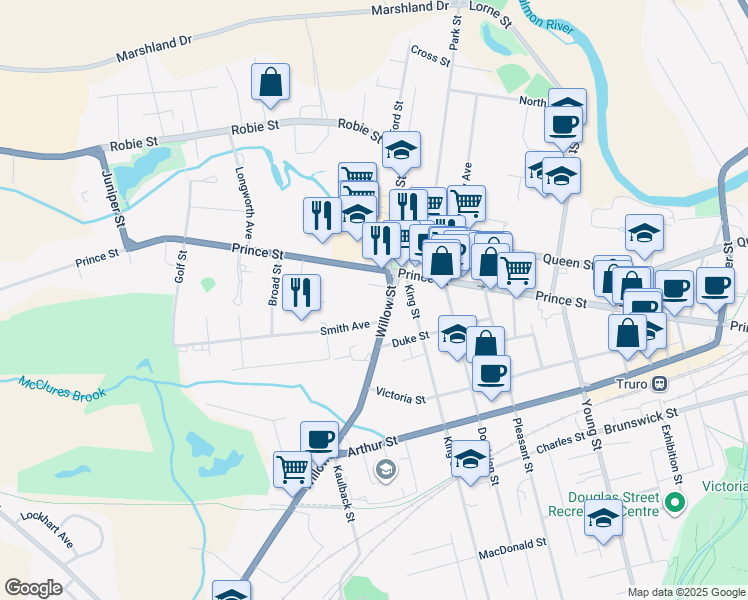 map of restaurants, bars, coffee shops, grocery stores, and more near 18 Willow Street in Truro