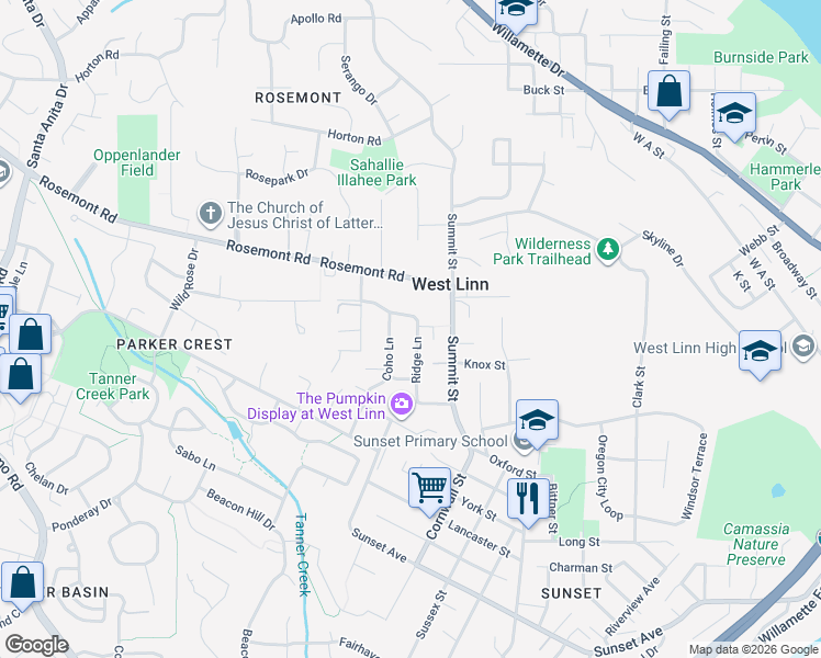 map of restaurants, bars, coffee shops, grocery stores, and more near 2751 Ridge Lane in West Linn