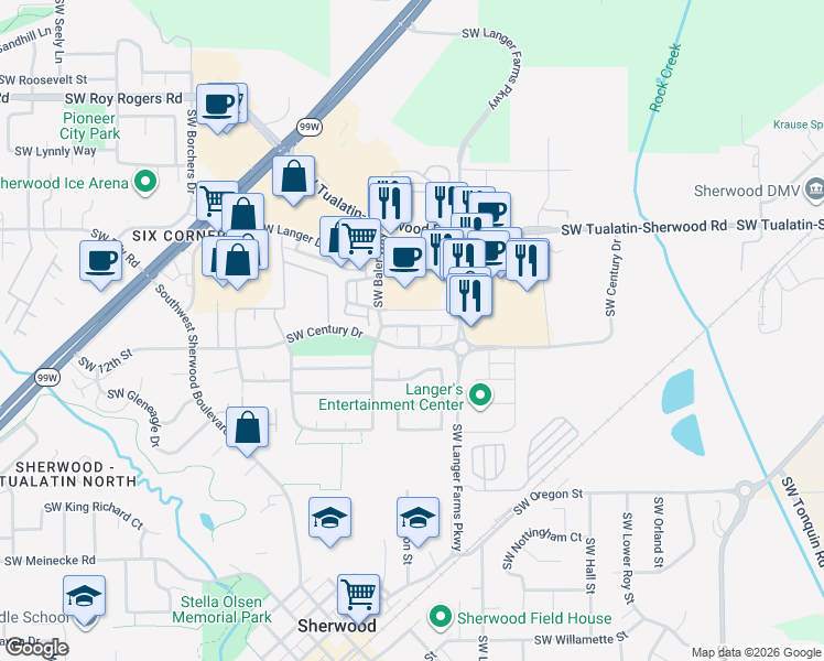 map of restaurants, bars, coffee shops, grocery stores, and more near 21458 Southwest Ferguson Terrace in Sherwood