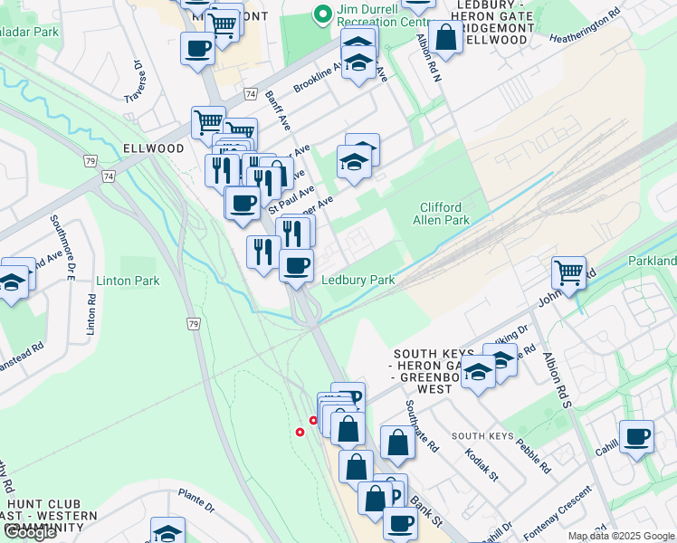 map of restaurants, bars, coffee shops, grocery stores, and more near 1225 Ledbury Ave in Ottawa