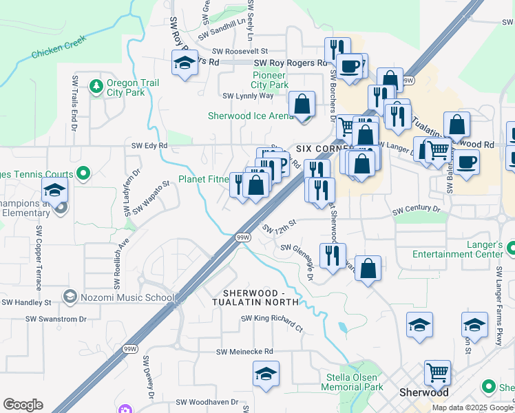 map of restaurants, bars, coffee shops, grocery stores, and more near 16900 Southwest Gleneagle Drive in Sherwood