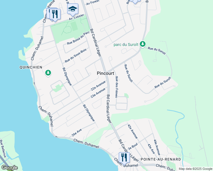 map of restaurants, bars, coffee shops, grocery stores, and more near 123 23e Av in Pincourt
