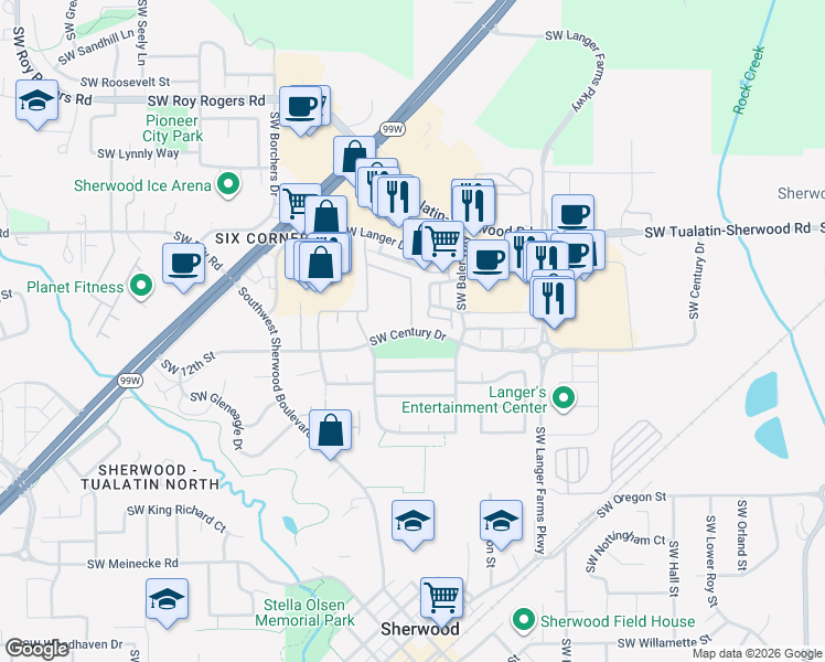 map of restaurants, bars, coffee shops, grocery stores, and more near 16100 Southwest Century Drive in Sherwood