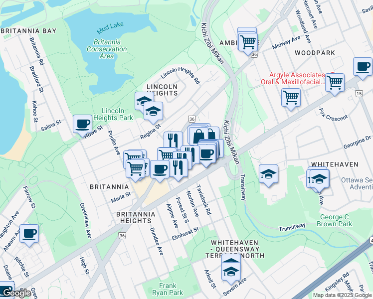 map of restaurants, bars, coffee shops, grocery stores, and more near 2525 Carling Avenue in Ottawa
