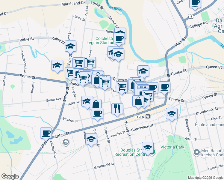 map of restaurants, bars, coffee shops, grocery stores, and more near Prince Street in Truro