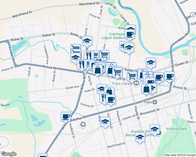 map of restaurants, bars, coffee shops, grocery stores, and more near 10 Dominion Street in Truro