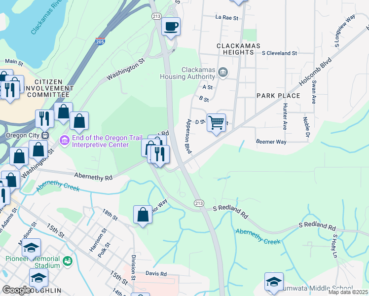map of restaurants, bars, coffee shops, grocery stores, and more near 16629 Apperson Boulevard in Oregon City