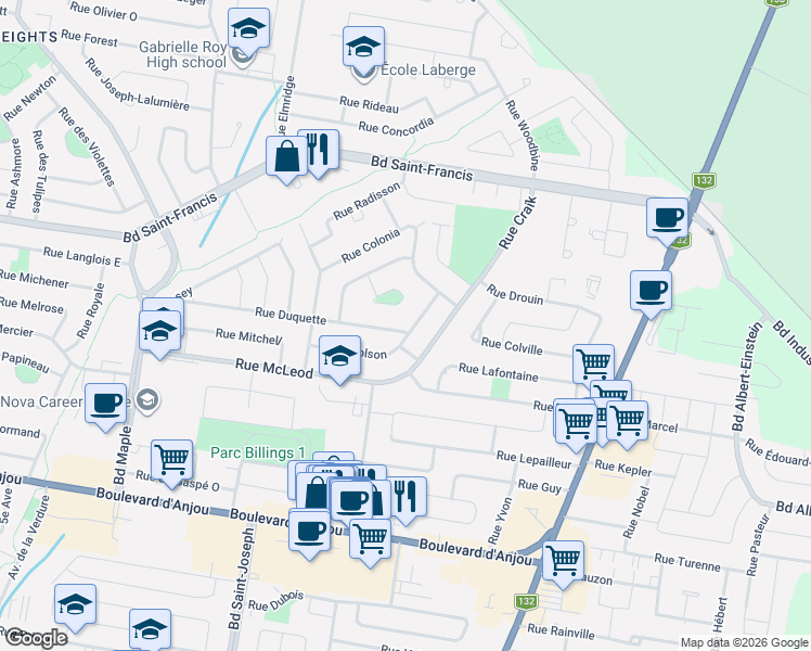 map of restaurants, bars, coffee shops, grocery stores, and more near 329 Rue Duquette in Châteauguay