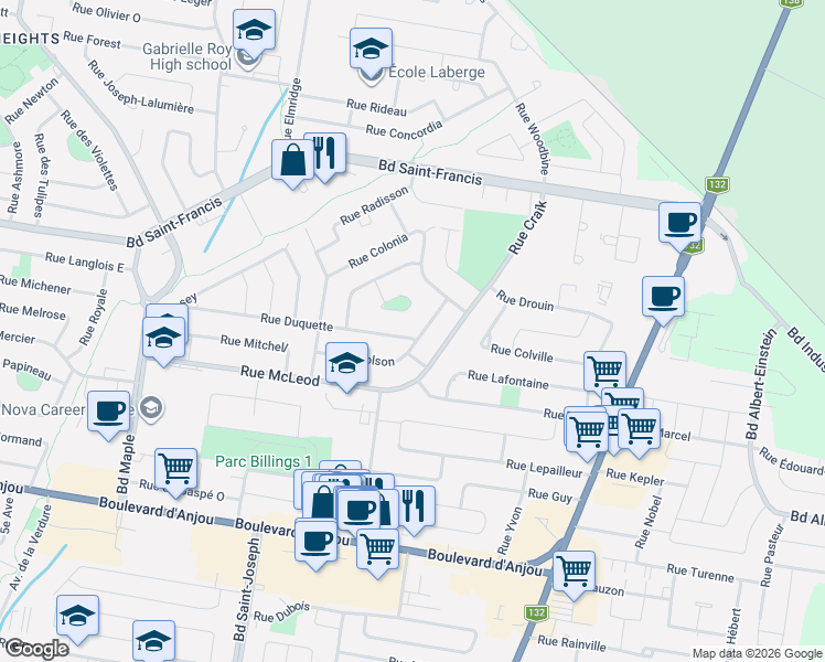 map of restaurants, bars, coffee shops, grocery stores, and more near 329 Rue Duquette in Châteauguay