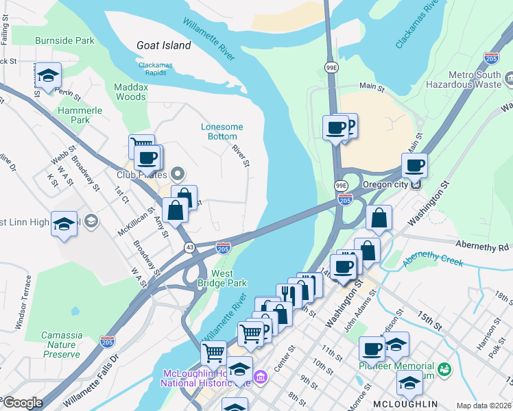 map of restaurants, bars, coffee shops, grocery stores, and more near 5493 River Street in West Linn