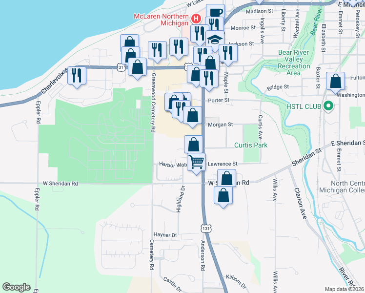 map of restaurants, bars, coffee shops, grocery stores, and more near 725 Harbor Watch Drive in Petoskey