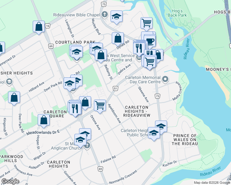 map of restaurants, bars, coffee shops, grocery stores, and more near 1506 Claymor Avenue in Ottawa