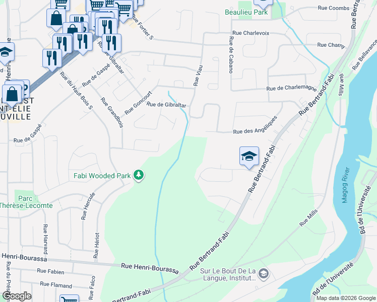 map of restaurants, bars, coffee shops, grocery stores, and more near Rue Homère in Sherbrooke