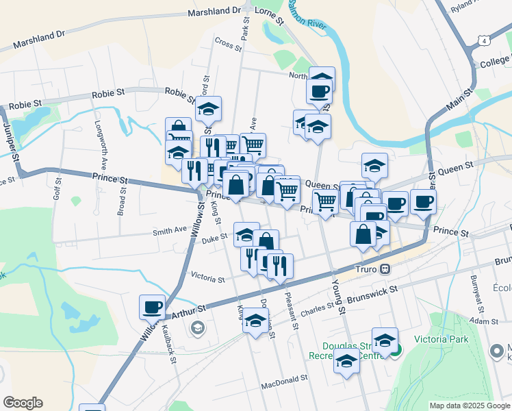 map of restaurants, bars, coffee shops, grocery stores, and more near 594 Prince Street in Truro