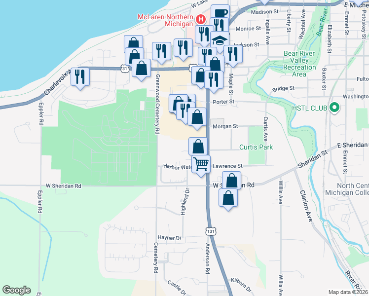 map of restaurants, bars, coffee shops, grocery stores, and more near 810 Harbor Watch Drive in Petoskey