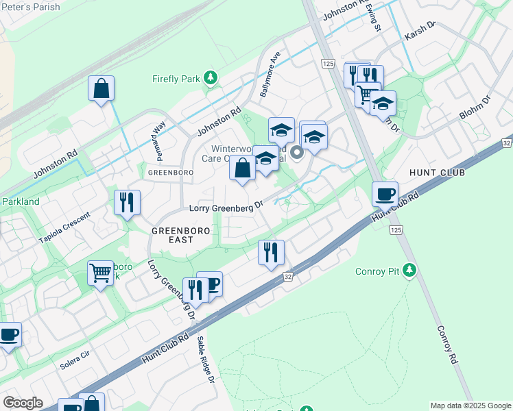 map of restaurants, bars, coffee shops, grocery stores, and more near Lorry Greenberg Drive in Ottawa