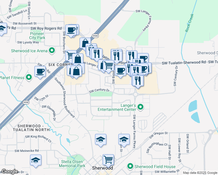 map of restaurants, bars, coffee shops, grocery stores, and more near 15811 Southwest Century Drive in Sherwood