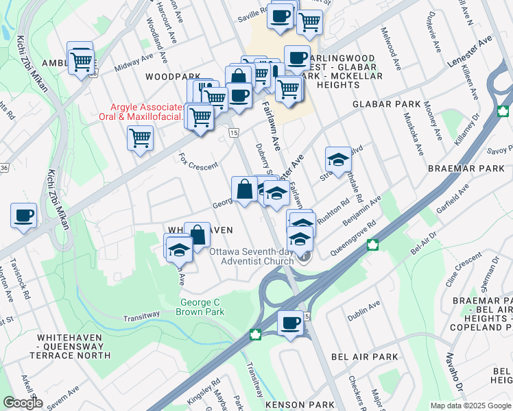 map of restaurants, bars, coffee shops, grocery stores, and more near 918 Woodroffe Avenue in Ottawa