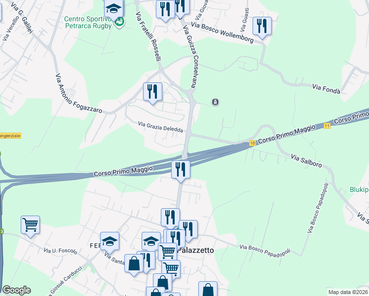 map of restaurants, bars, coffee shops, grocery stores, and more near Via Grazia Deledda in Padova